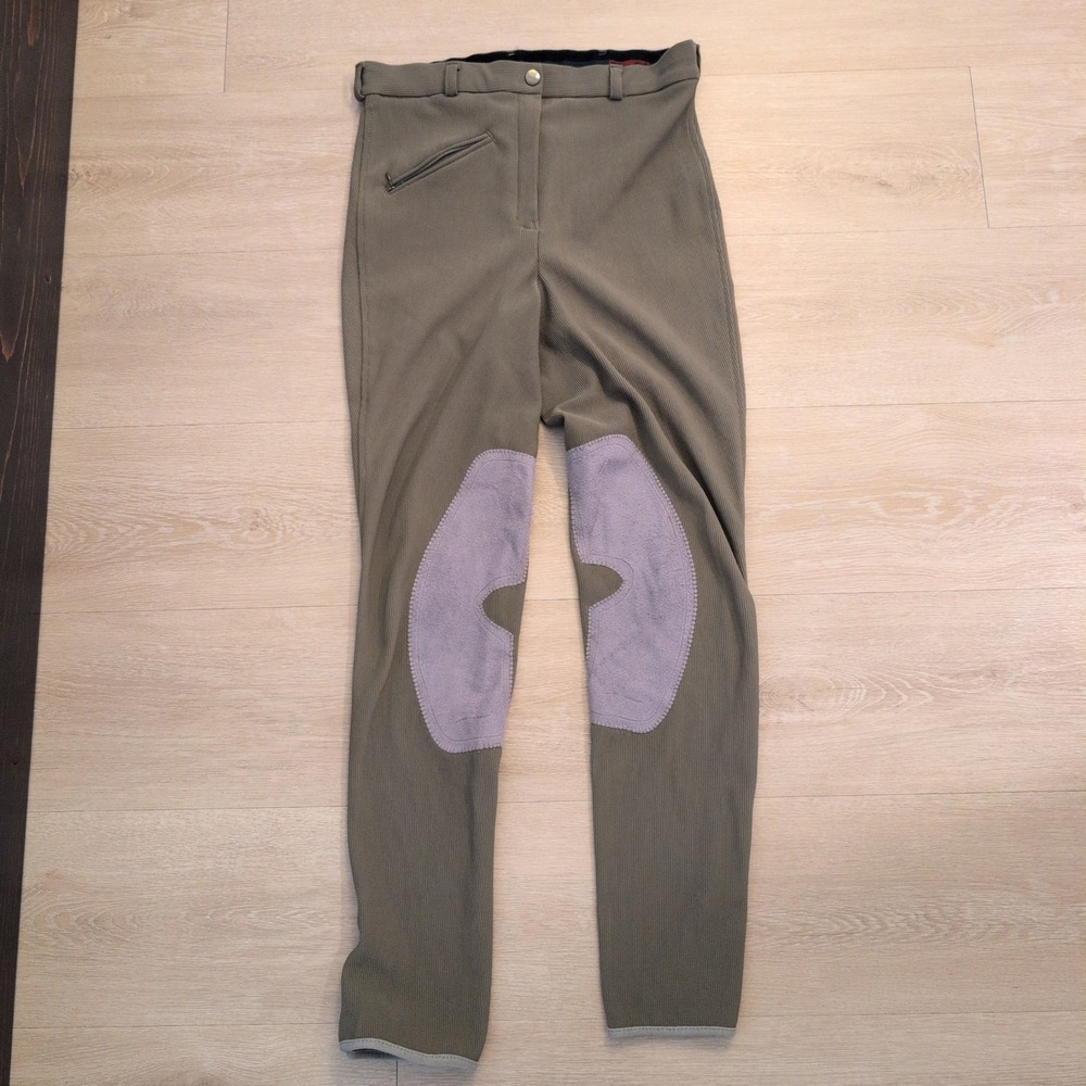 TuffRider Womens Ribbed Equestrian Breeches Olive Green Knee Patch Riding Pants